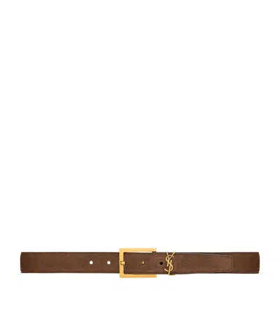 Saint Laurent Suede Cassandre Belt In Brown