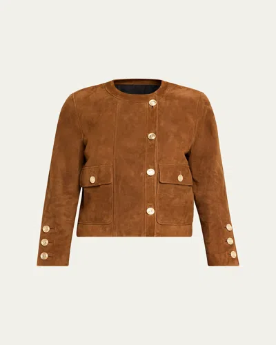 Saint Laurent Suede Collarless Short Jacket In Light Brown