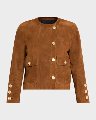 Saint Laurent Suede Collarless Short Jacket In Light Brown