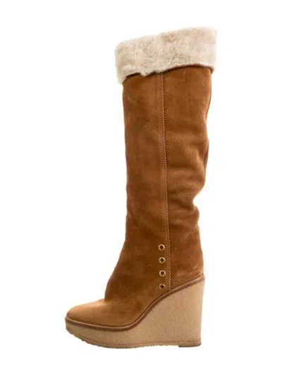Pre-owned Saint Laurent Suede Colorblock Pattern Slouch Boots In Brown