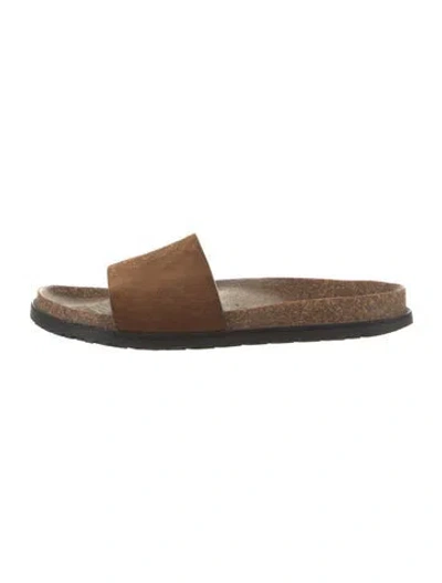 Pre-owned Saint Laurent Suede Embroidered Accent Slides In Brown