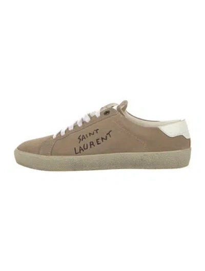 Pre-owned Saint Laurent Suede Embroidered Accent Sneakers In Neutral