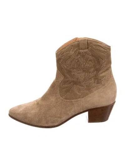 Pre-owned Saint Laurent Suede Embroidered Accent Western Boots In Neutral