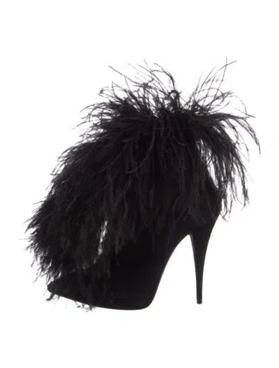Pre-owned Saint Laurent Suede Feather Trim Boots In Black