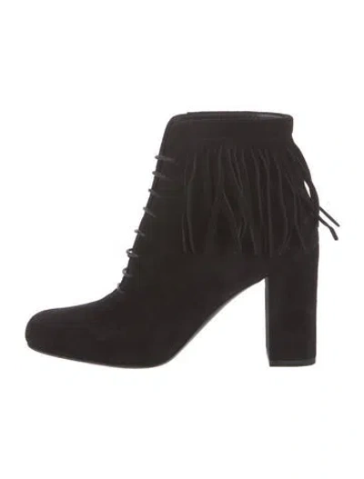 Pre-owned Saint Laurent Suede Fringe Trim Accent Lace-up Boots In Black
