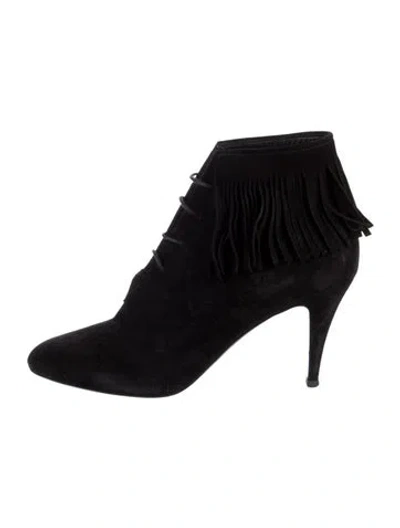 Pre-owned Saint Laurent Suede Fringe Trim Accent Lace-up Boots In Black