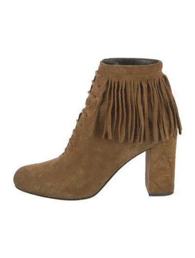 Pre-owned Saint Laurent Suede Fringe Trim Accent Lace-up Boots In Brown
