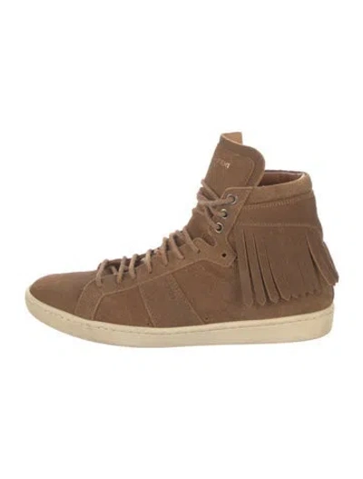 Pre-owned Saint Laurent Suede Fringe Trim Accent Wedge Sneakers In Brown