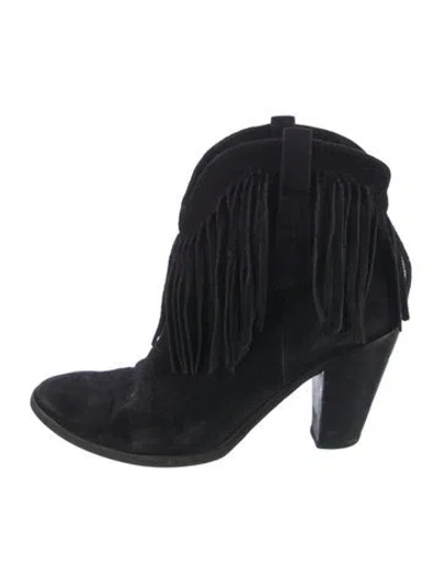 Pre-owned Saint Laurent Suede Fringe Trim Accent Western Boots In Black