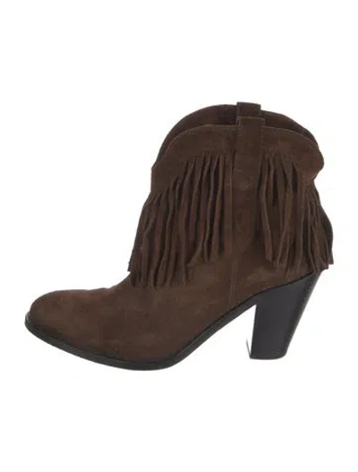 Pre-owned Saint Laurent Suede Fringe Trim Accent Western Boots In Brown