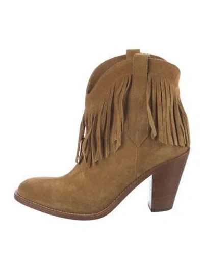 Pre-owned Saint Laurent Suede Fringe Trim Accent Western Boots In Brown