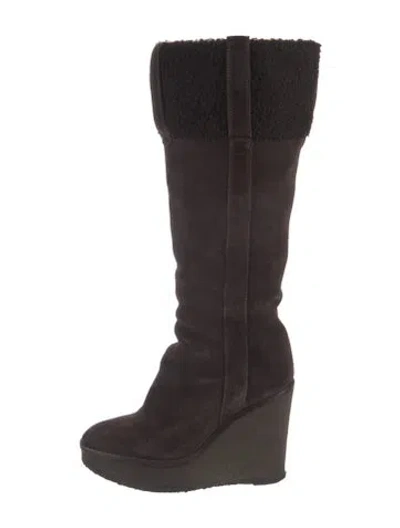 Pre-owned Saint Laurent Suede Fur Trim Boots In Brown