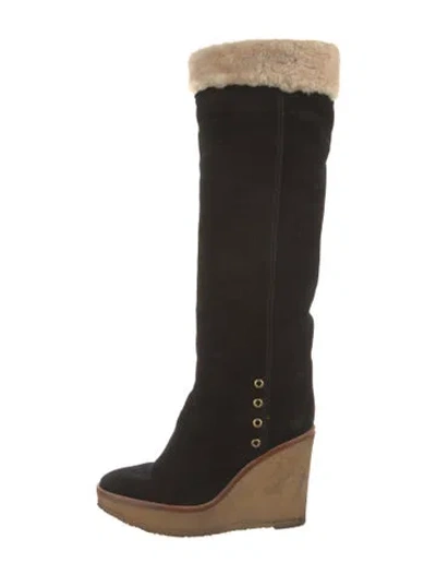 Pre-owned Saint Laurent Suede Fur Trim Boots In Brown