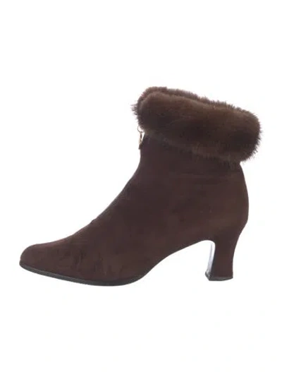 Pre-owned Saint Laurent Suede Fur Trim Boots In Brown/burgundy