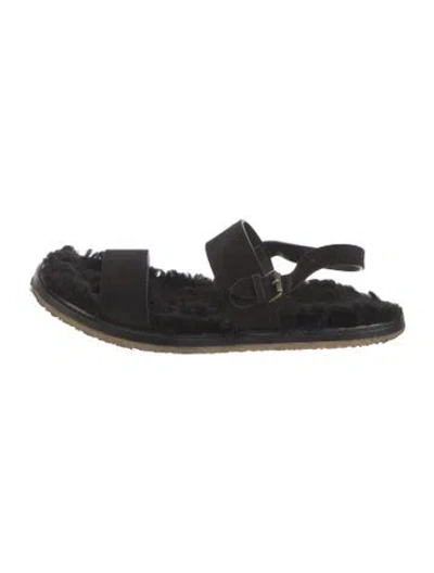 Pre-owned Saint Laurent Suede Fur Trim Slingback Sandals In Black