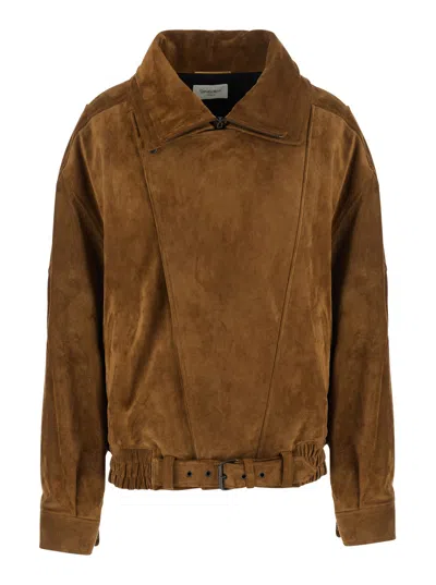 Saint Laurent Suede Jacket With Classic Collar, Double-zip Closure & Buckled Belt In Brown