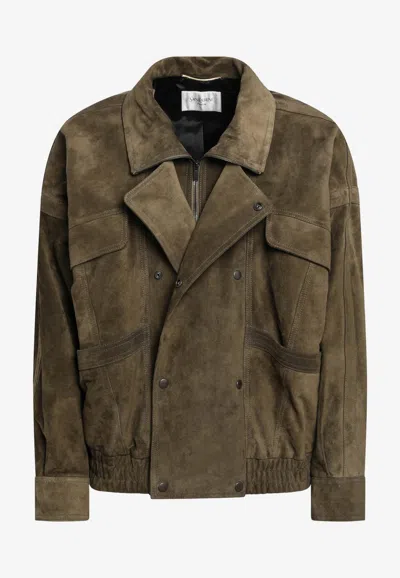 Saint Laurent Suede Leather Bomber Jacket In Green