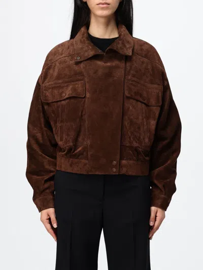 Saint Laurent Suede Leather Bomber Jacket With Patch Pockets In Brown