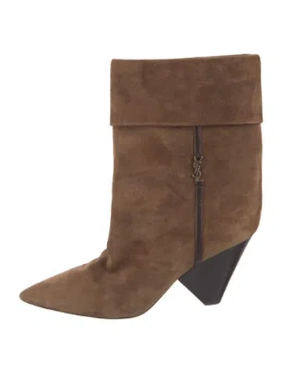 Pre-owned Saint Laurent Suede Leather Trim Embellishment Boots In Brown