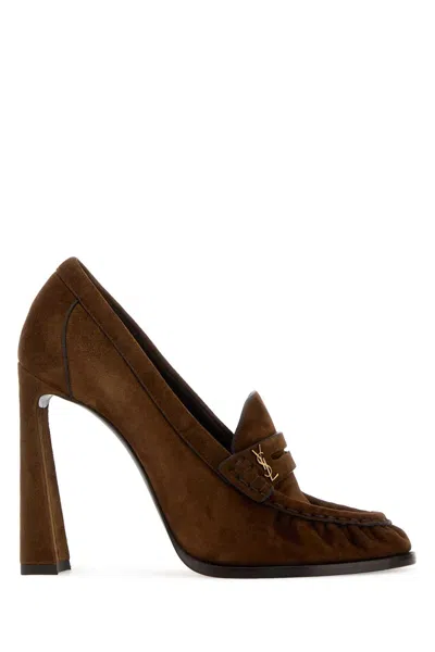 Saint Laurent Suede Loafer-inspired Pumps With 11 Cm Heel In Brown