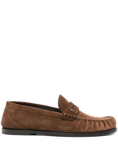 Saint Laurent Logo-embellished Suede Penny Loafers In Brown