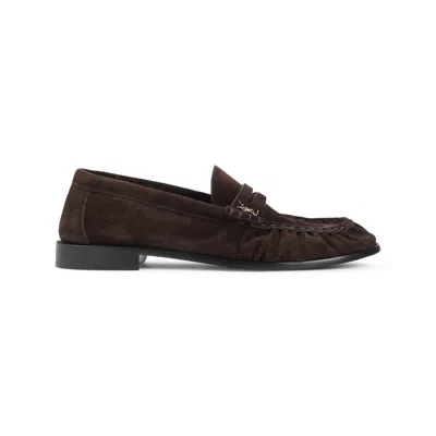 Saint Laurent Suede Loafers With Cassandre Detailing In Brown