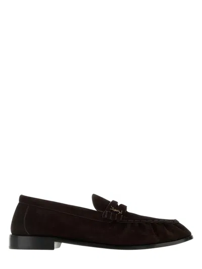 Saint Laurent Suede Loafers With Gold-tone Cassandre And Leather Sole In Brown