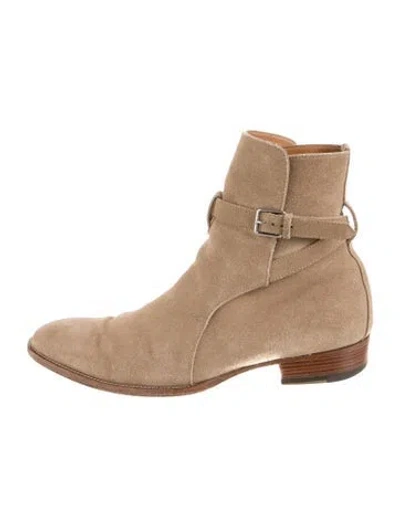 Pre-owned Saint Laurent Suede Moto Boots In Neutral