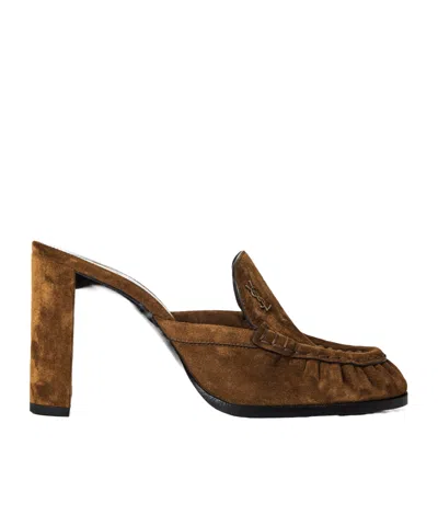 Saint Laurent Suede Mule Shoe In Brown