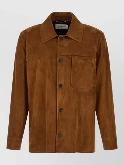 Saint Laurent Suede Overshirt Chest Pocket Long Sleeves Collar In Brown