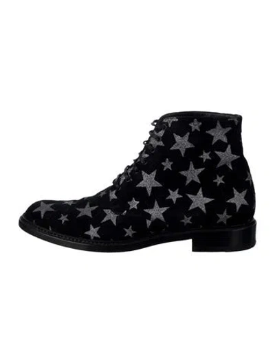 Pre-owned Saint Laurent Suede Patterned Lace-up Boots In Black
