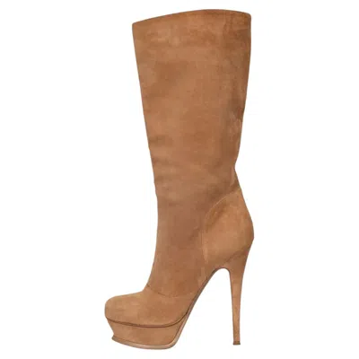 Pre-owned Saint Laurent Suede Platform Stiletto Knee High Boots 36.5 In Brown