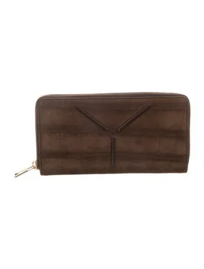 Pre-owned Saint Laurent Suede Printed Continental Wallet In Brown
