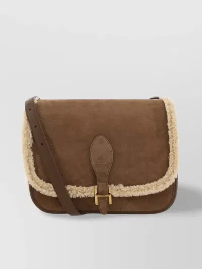Saint Laurent Suede Shearling Trim Crossbody In Brown