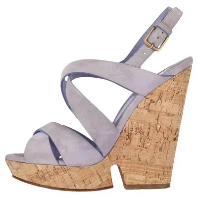 Pre-owned Saint Laurent Suede Strappy Cork Wedge Sandals In Brown