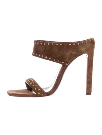Pre-owned Saint Laurent Suede Studded Accents Slides In Brown