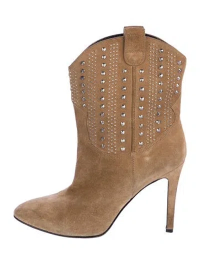 Pre-owned Saint Laurent Suede Studded Accents Western Boots In Brown
