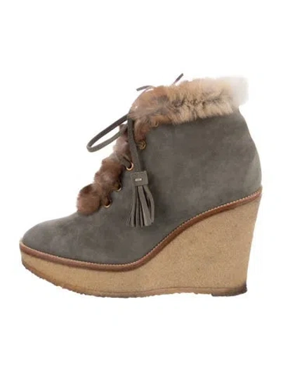 Pre-owned Saint Laurent Suede Tassel Accents Lace-up Boots In Gray
