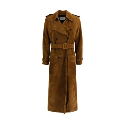 Saint Laurent Suede Trench Coat In Brown