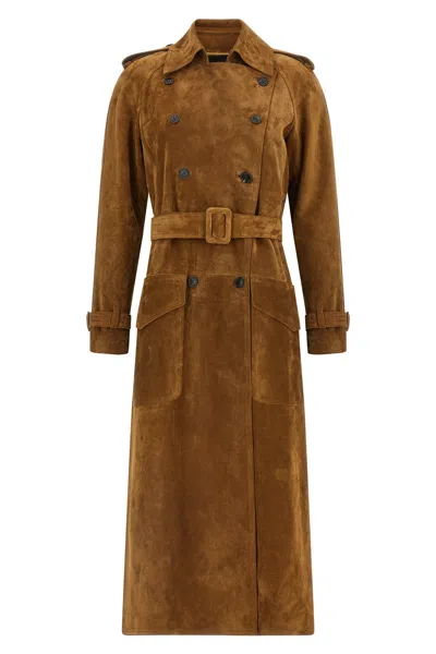 Saint Laurent Suede Trench Coat In Black