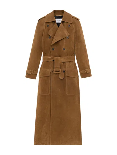 Saint Laurent Suede Trench Coat In Brown