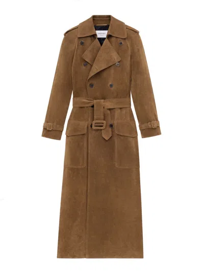 Saint Laurent Suede Trench Coat In Brown