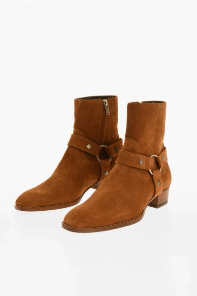 Saint Laurent Suede Western Booties With Cuir Sole 4cm In Brown