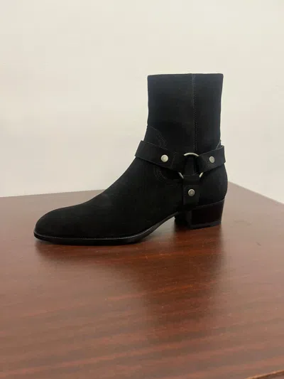 Pre-owned Saint Laurent Suede Wyatt Harness Boots In Black