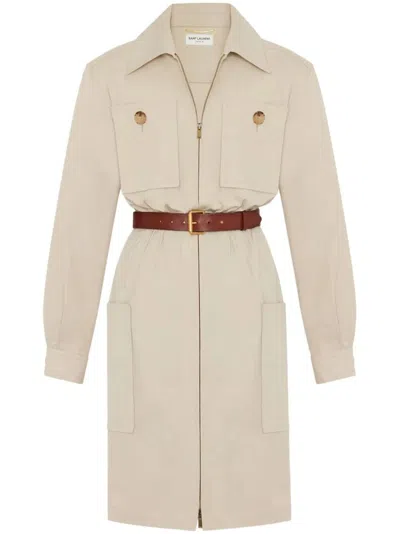 Saint Laurent Saharienne Dress With Belt In Mastic Clair