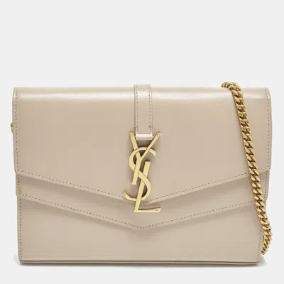Pre-owned Saint Laurent Sulpice Beige Leather Chain Wallet Bag In Sand