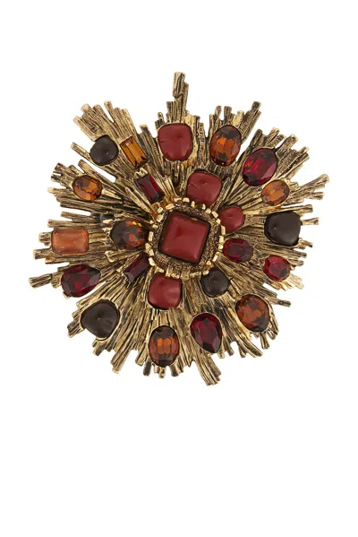 Saint Laurent Sun Cabochon Brooch In Dore Patine & Bordeaux