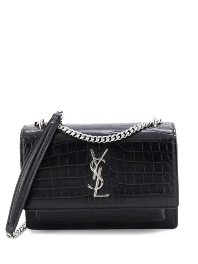 Pre-owned Saint Laurent Sunset Chain Wallet Crocodile Embossed Leather Crossbody Bag In Black