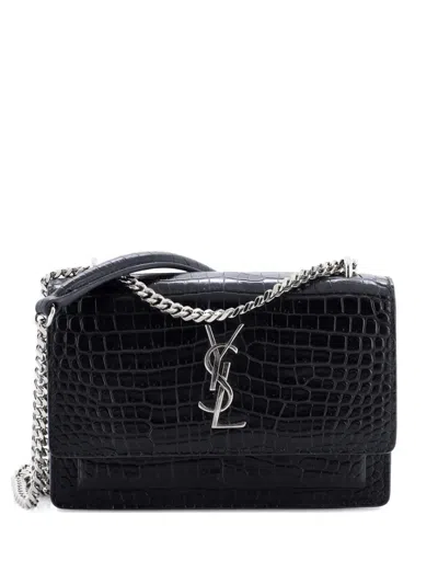 Pre-owned Saint Laurent Sunset Chain Wallet Crocodile Embossed Leather Crossbody Bag In Black