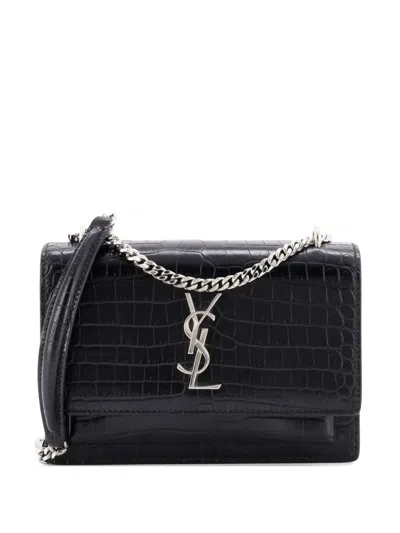 Pre-owned Saint Laurent Sunset Chain Wallet Crocodile Embossed Leather Crossbody Bag In Black